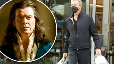 Photo of Pierce Brosnan shows off his silver locks as he picks up four dozen roses… as new images show him with luscious long hair for role as Louis XIV in The King’s Daughter