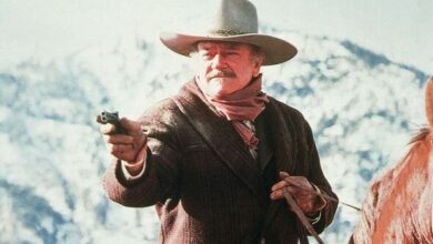 Photo of John Wayne was so ill on final movie with James Stewart production was almost shut down