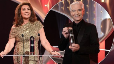 Photo of Jane McDonald stuns in a sparkling gold gown as she takes to stage to host the 2023 British Soap Awards… after replacing Phillip Schofield amid his affair scandal